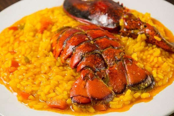 Arroz con bogavante en plato blanco