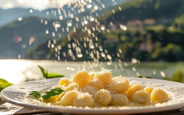 Gnocchi presentados en plato blanco a los que se está añadiendo parmesano cortado