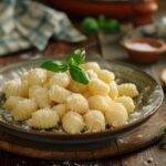 Gnocchi presentados en un plato con parmesano cortado y una hoja verde de decoración