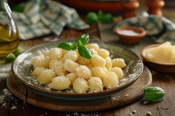 Gnocchi presentados en un plato con parmesano cortado y una hoja verde de decoración