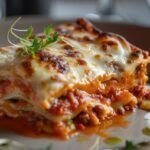 Porción de lasaña de carne tradicional italiana sobre plato