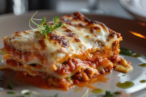 Porción de lasaña de carne tradicional italiana sobre plato