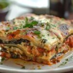 Lasaña de verduras original italiana presentada en plato blanco redondo