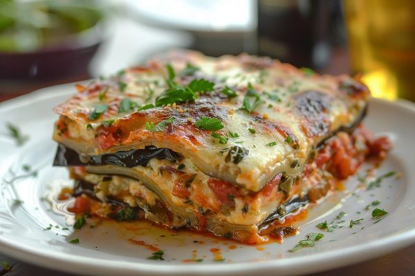 Lasaña de verduras original italiana presentada en plato blanco redondo