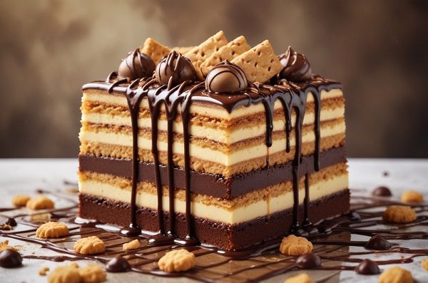 Tarta de la abuela presentada con topping de galletas y bombones