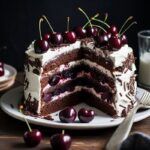 Espectacular tarta de selva negra original alemana presentada sobre plato blanco y con ingredientes al fondo