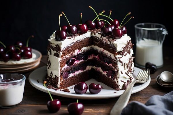 Espectacular tarta de selva negra original alemana presentada sobre plato blanco y con ingredientes al fondo