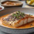 Corvina en salsa presentada en plato con perejil espolvoreado