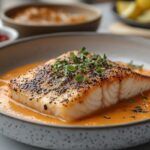 Corvina en salsa presentada en plato con perejil espolvoreado