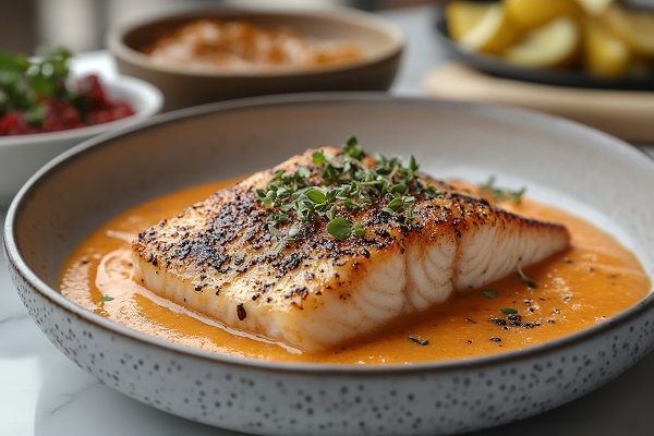 Corvina en salsa presentada en plato con perejil espolvoreado