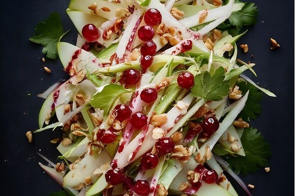 Ensalada de colinabo y manzana presentada en plato negro