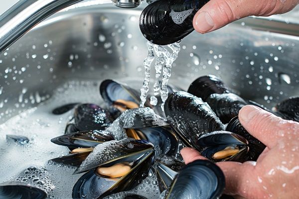 Chef lavando los mejillones