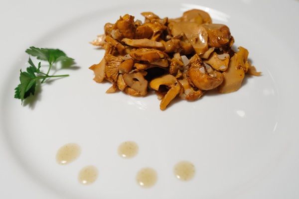 Níscalos al ajillo presentados en plato blanco con unas gotas de aceite y perejil