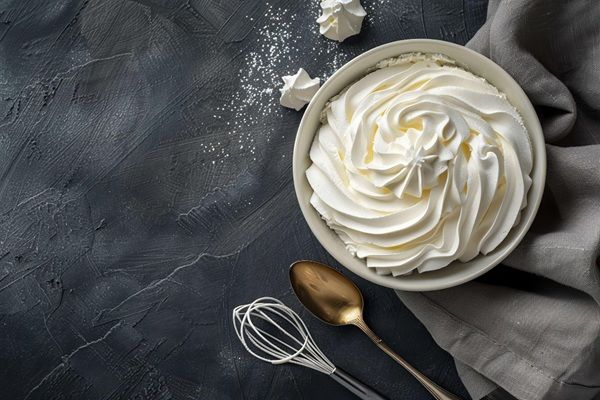Crema Chantilly en bol blanco con utensilios alrededor