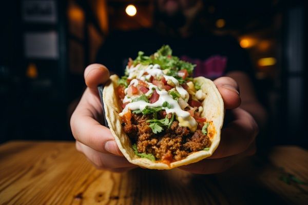 Manos cogiendo delicioso burrito mexicano con carne picada