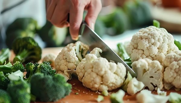 Mano cortando coliflor