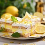 Postre de tiramisú de limón presentado en plato decorado con limones y hierbabuena