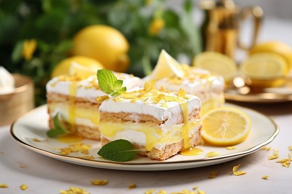 Postre de tiramisú de limón presentado en plato decorado con limones y hierbabuena