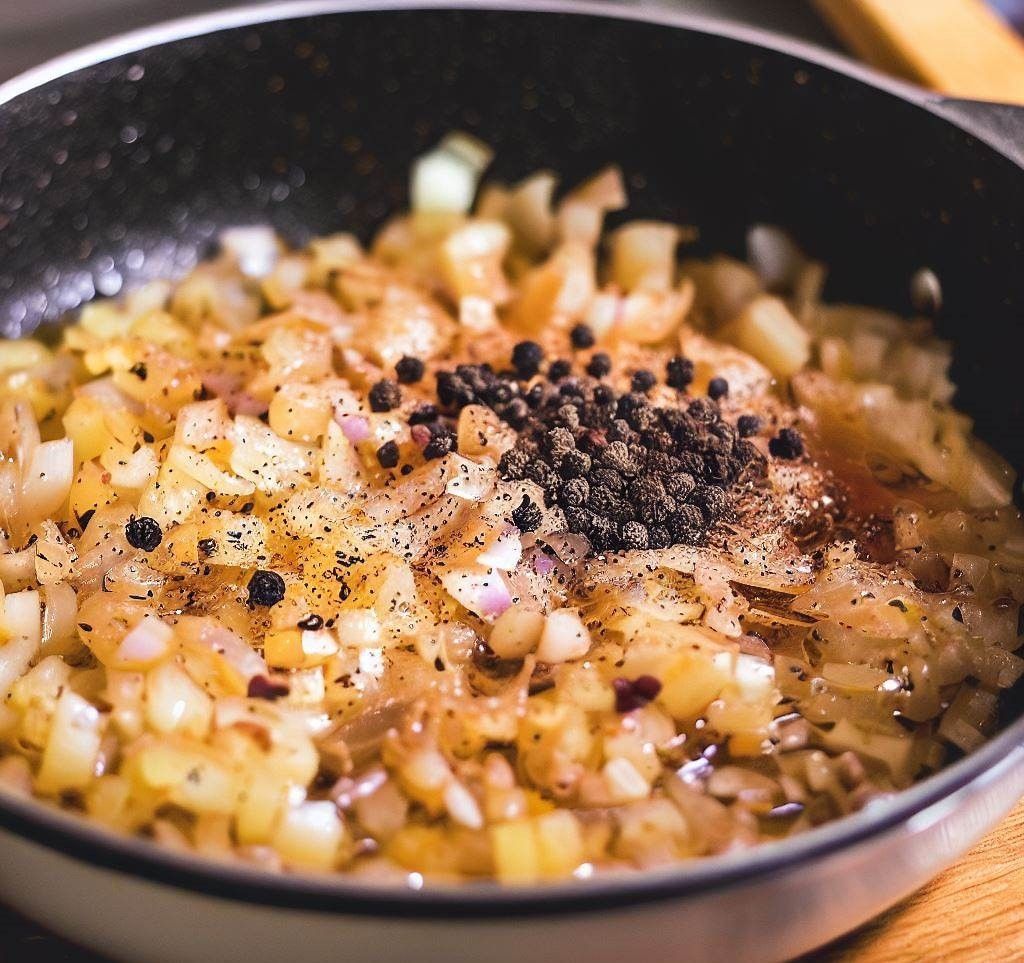 Cebolla con pimienta negra en una sartén