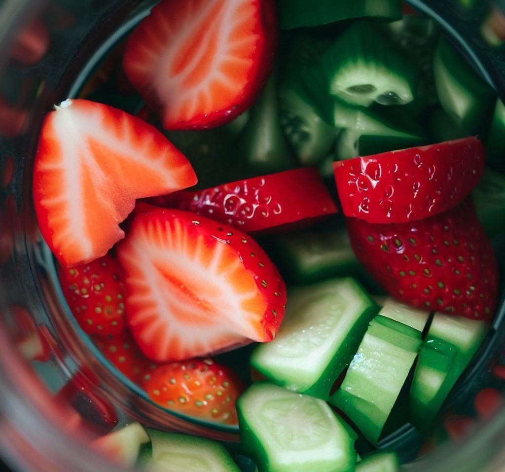 Fresas y pepino en una batidora