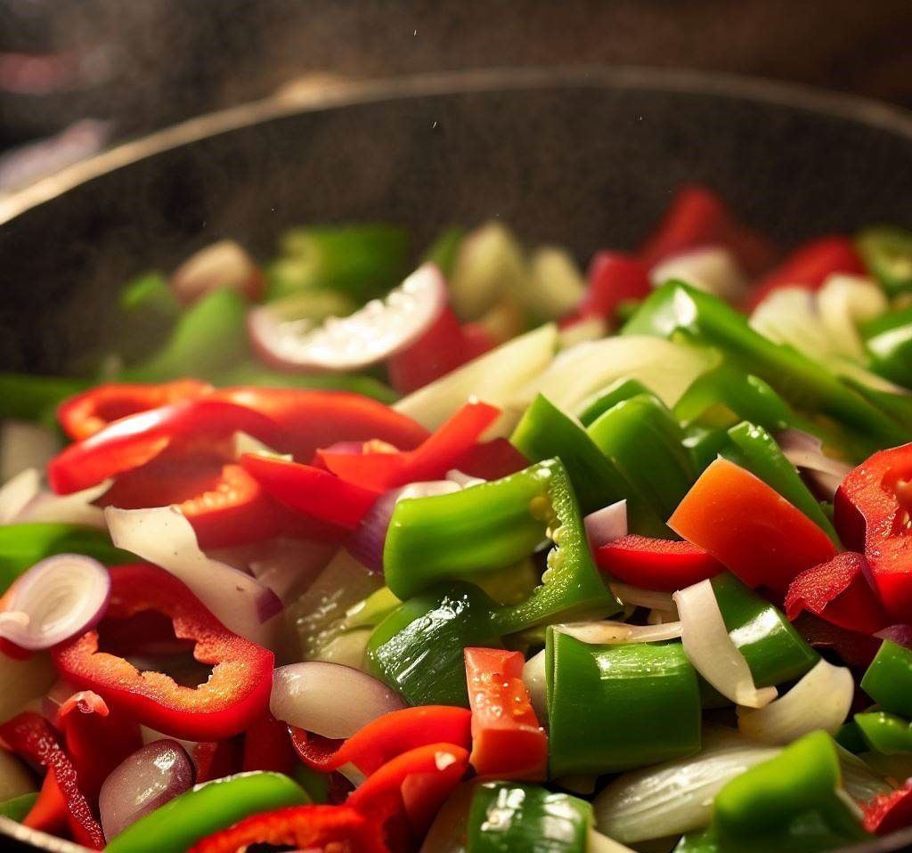 Pimientos y cebolla en una sartén