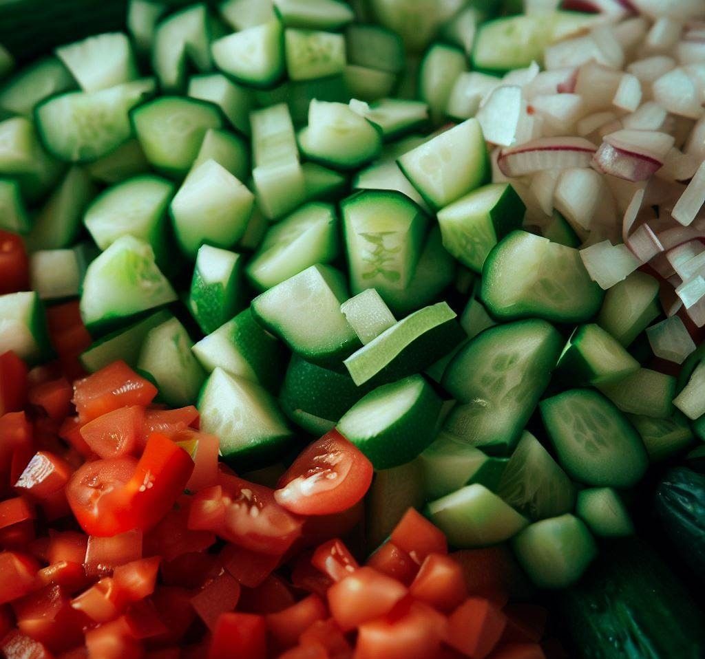 Cortar tomate, cebolla y pepino