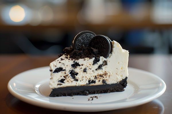 Porción de tarta de Oreo presentada en plato blanco