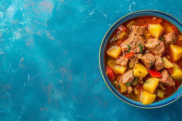Marmitako de bonito con patatas presentado en cuenco azul